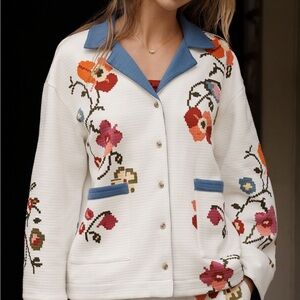 Anthropologie White Jacket with Multicolor Floral Embroidery